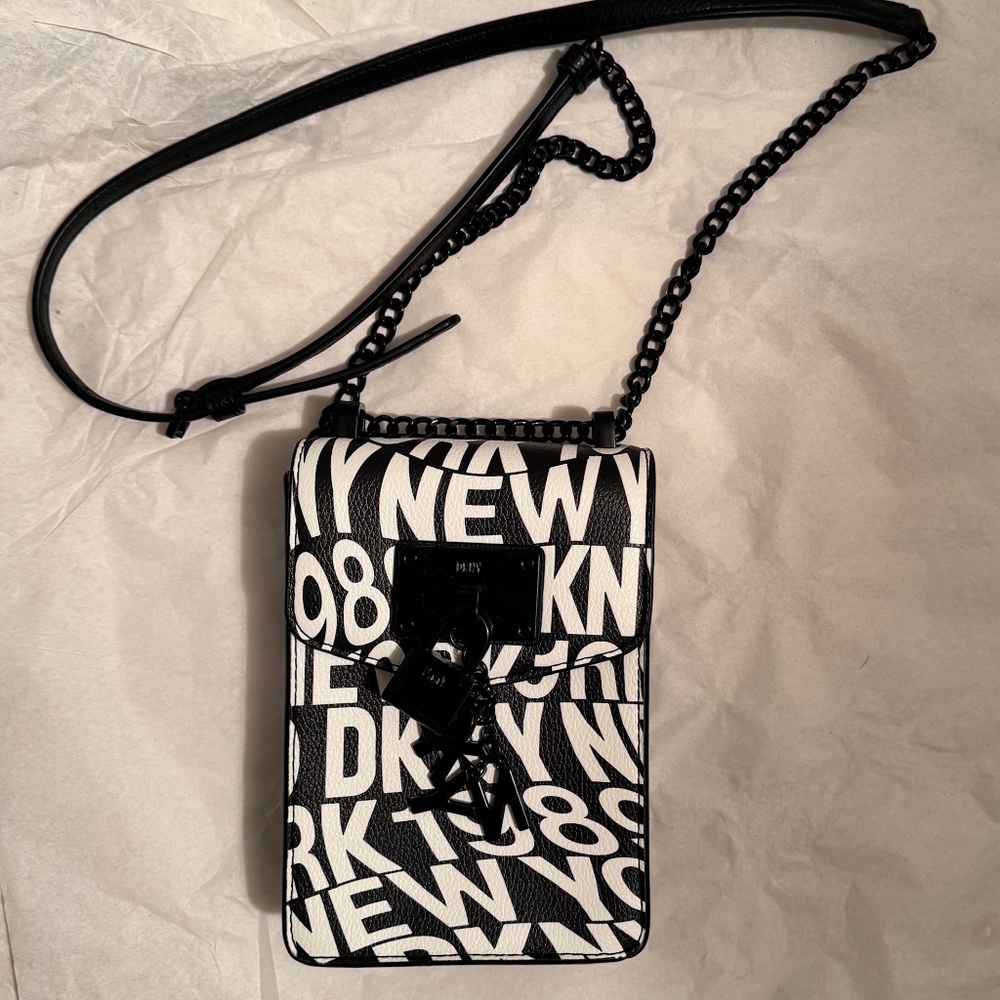 NEW,  DKNY Elissa North South Mini Crossbody Bag in black and white.